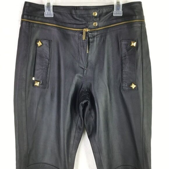 Lilly Sarti Lambskin Leather Moto Pants Size 40 Black Gold Designer Brazil - Picture 2 of 11